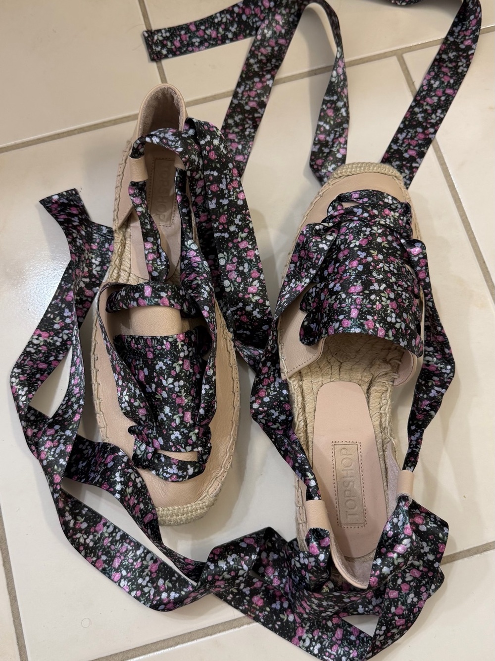 Topshop Black Floral Lace-Up Espadrille Sandals with Pink Accents